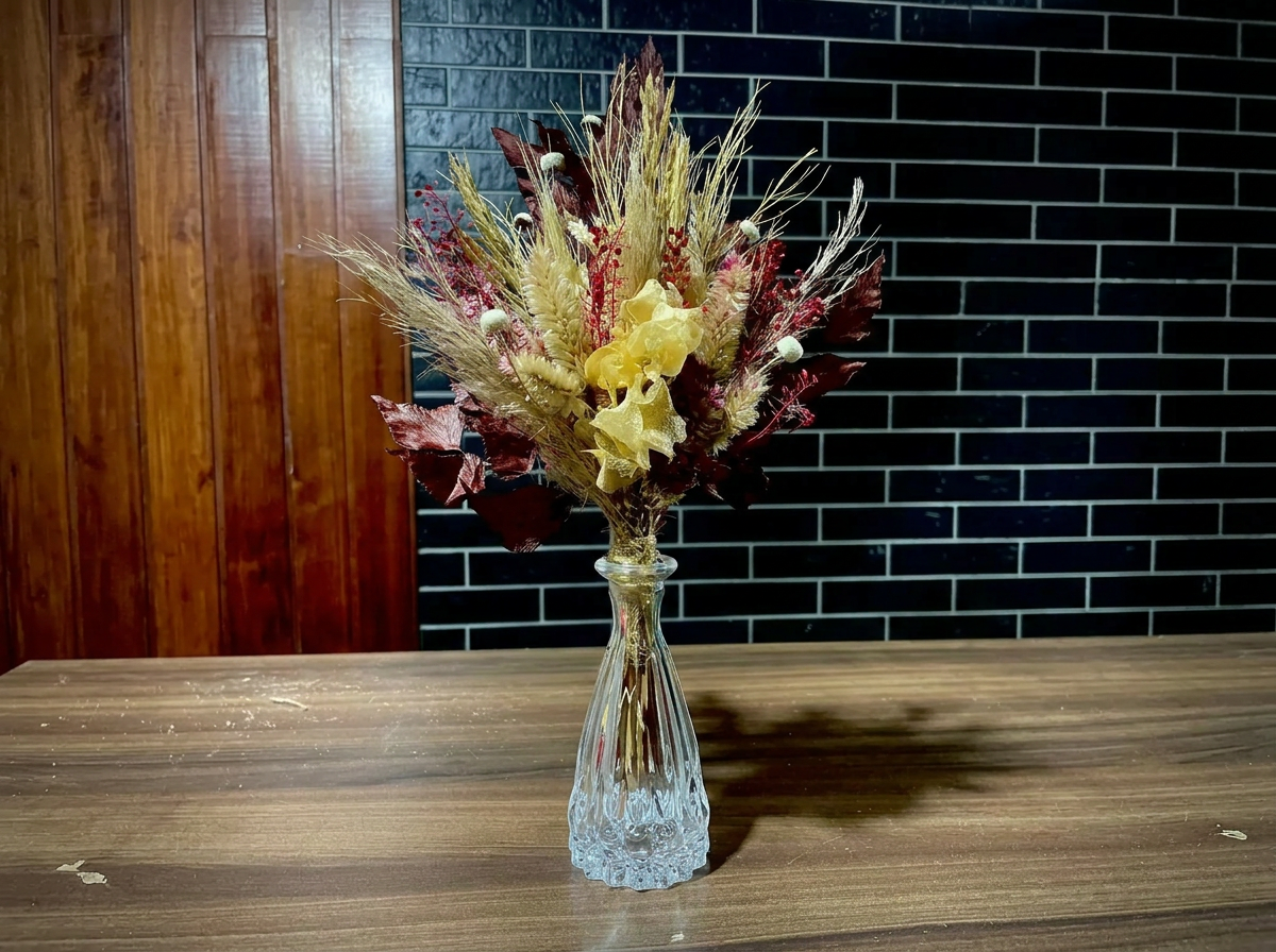 Arranjo de flores desidratadas em vaso de cristal